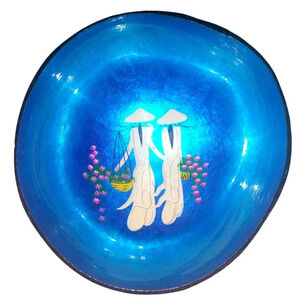 Vintage Handpainted Metallic Blue Coconut Decorative Bowl